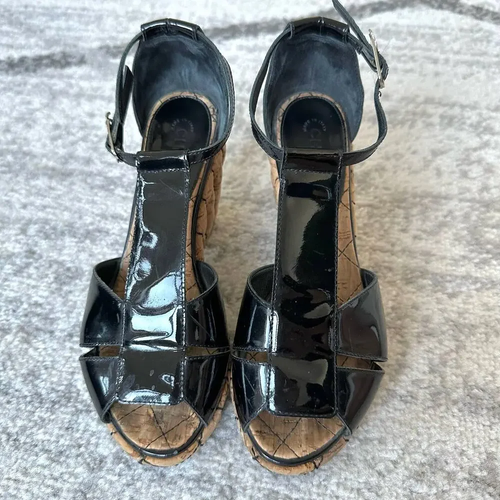 CHANEL Patent Leather T-Strap Quilted Cork Platform Block Heel Sandal Size US 6